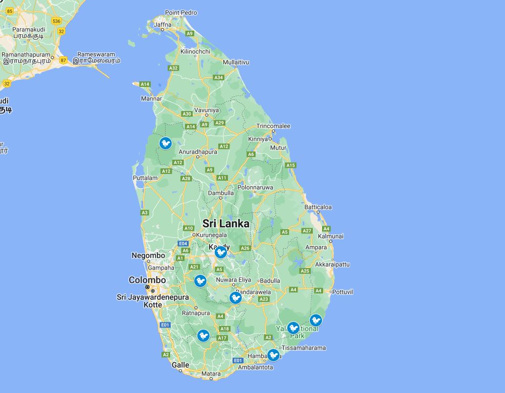 sri lanka bird watching location map